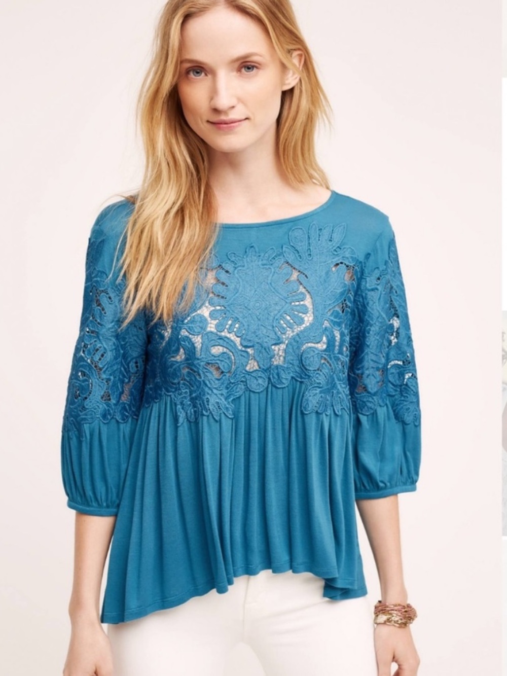 NWOT Anthropologie Crochet Teal Blue Desi Blouse by Deletta Size Small
